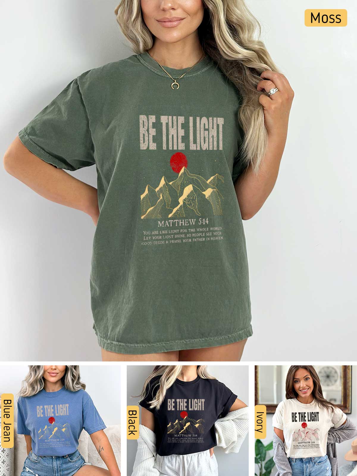 a woman wearing a t - shirt that says be the light