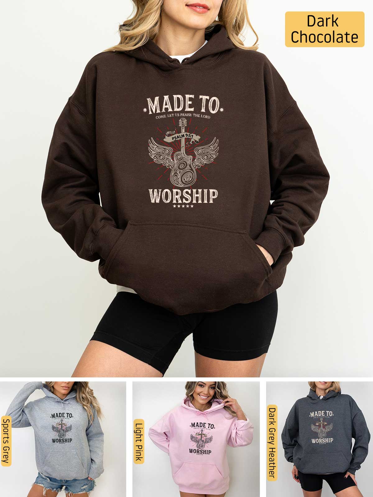 a woman wearing a hoodie that says made to worship