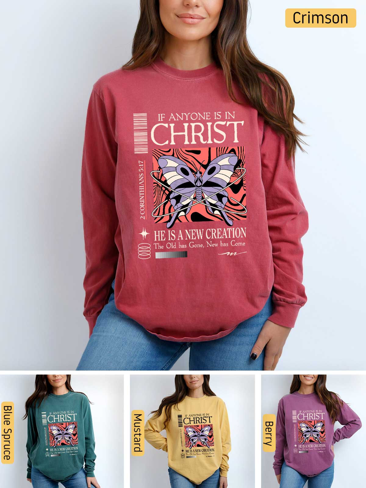 a woman wearing a red sweatshirt with a picture of a butterfly on it