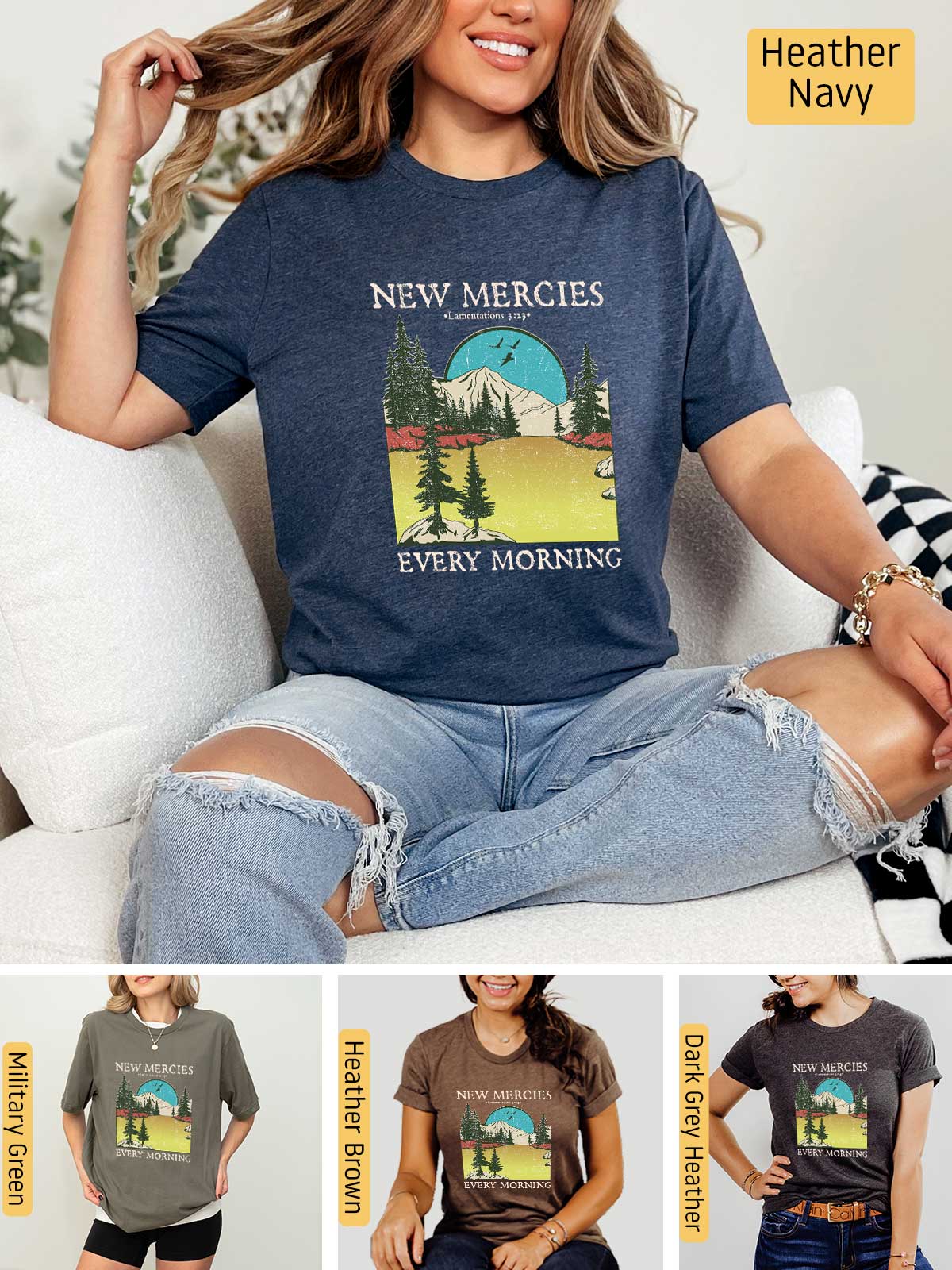 a woman sitting on a couch wearing a new mercies every morning shirt