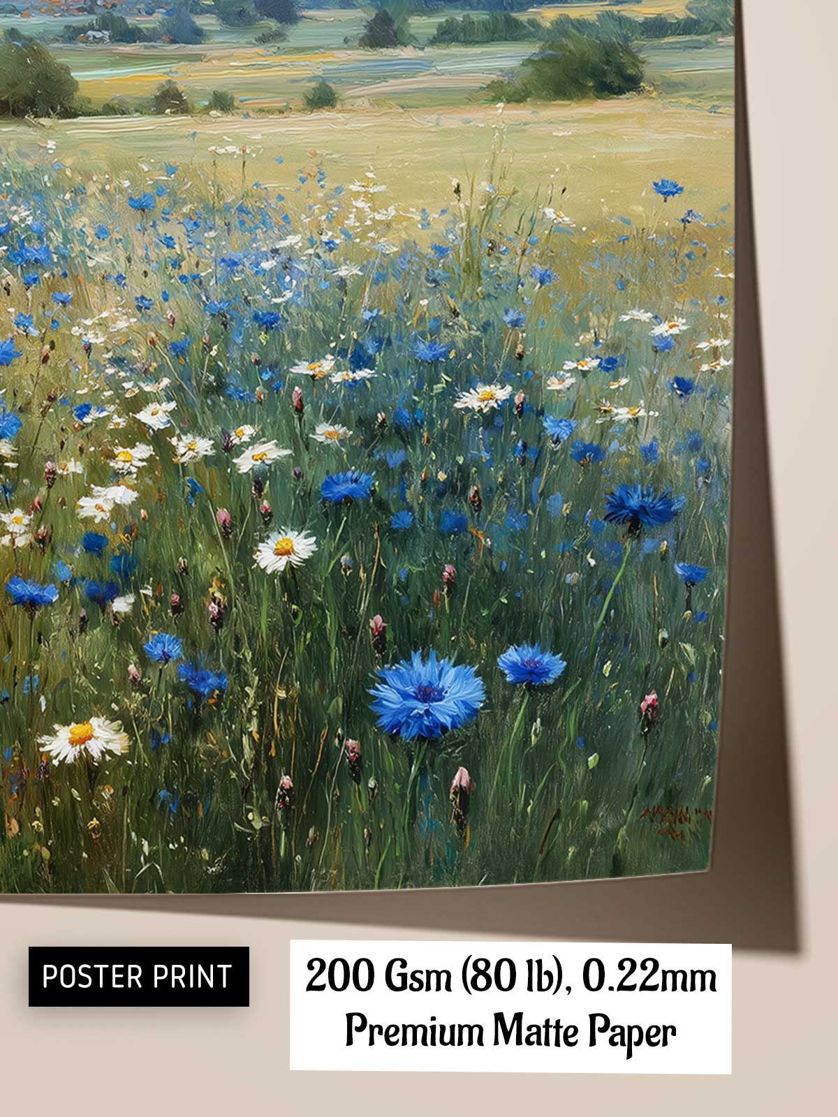 The image is a poster print depicting a field of blue and white flowers, with a landscape in the background.