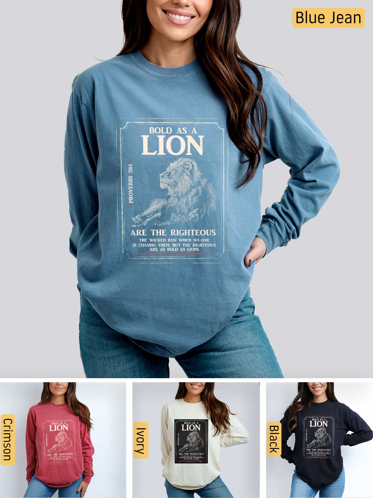 a woman wearing a lion sweatshirt and jeans