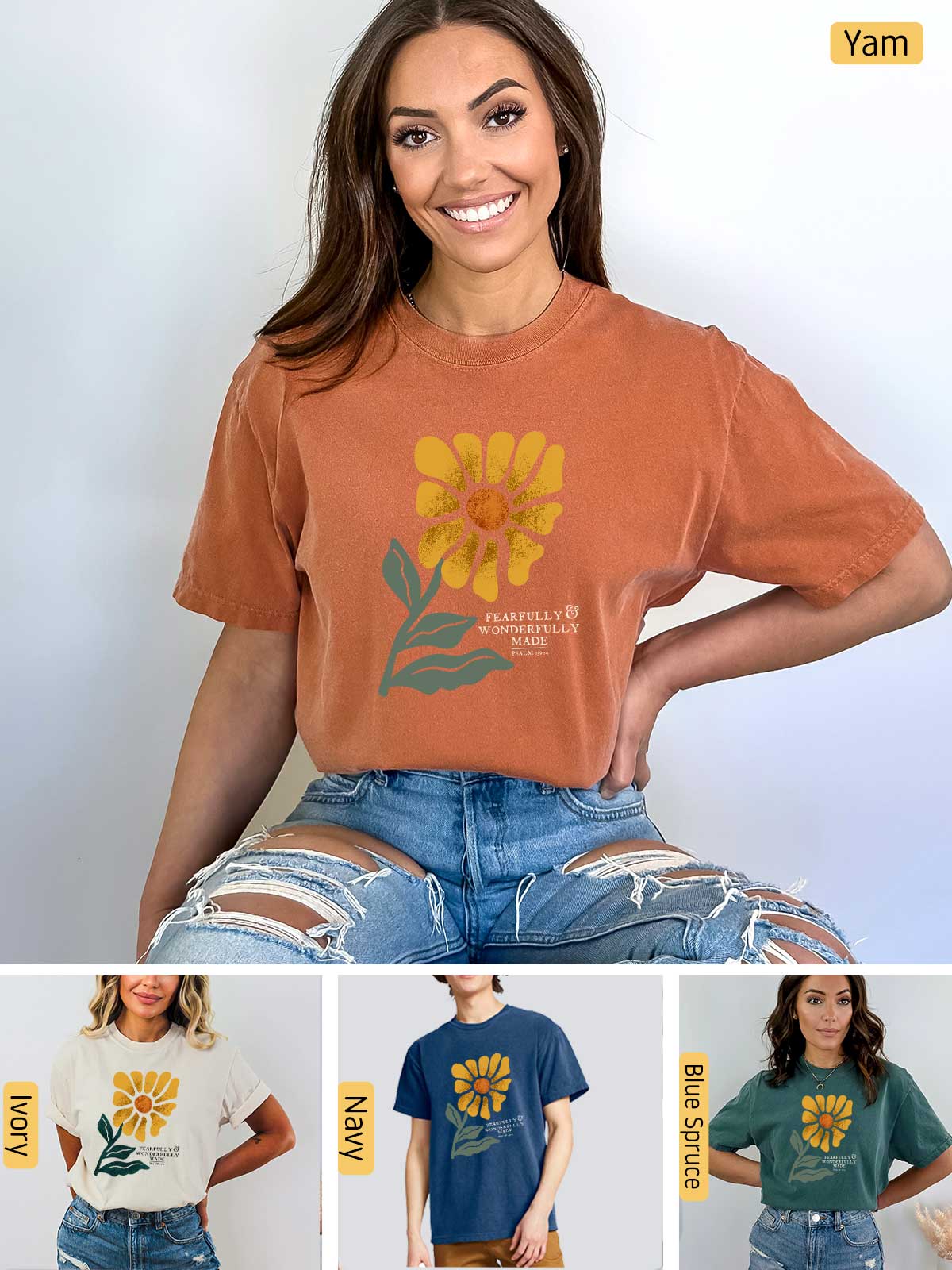 a woman wearing a t - shirt with flowers on it