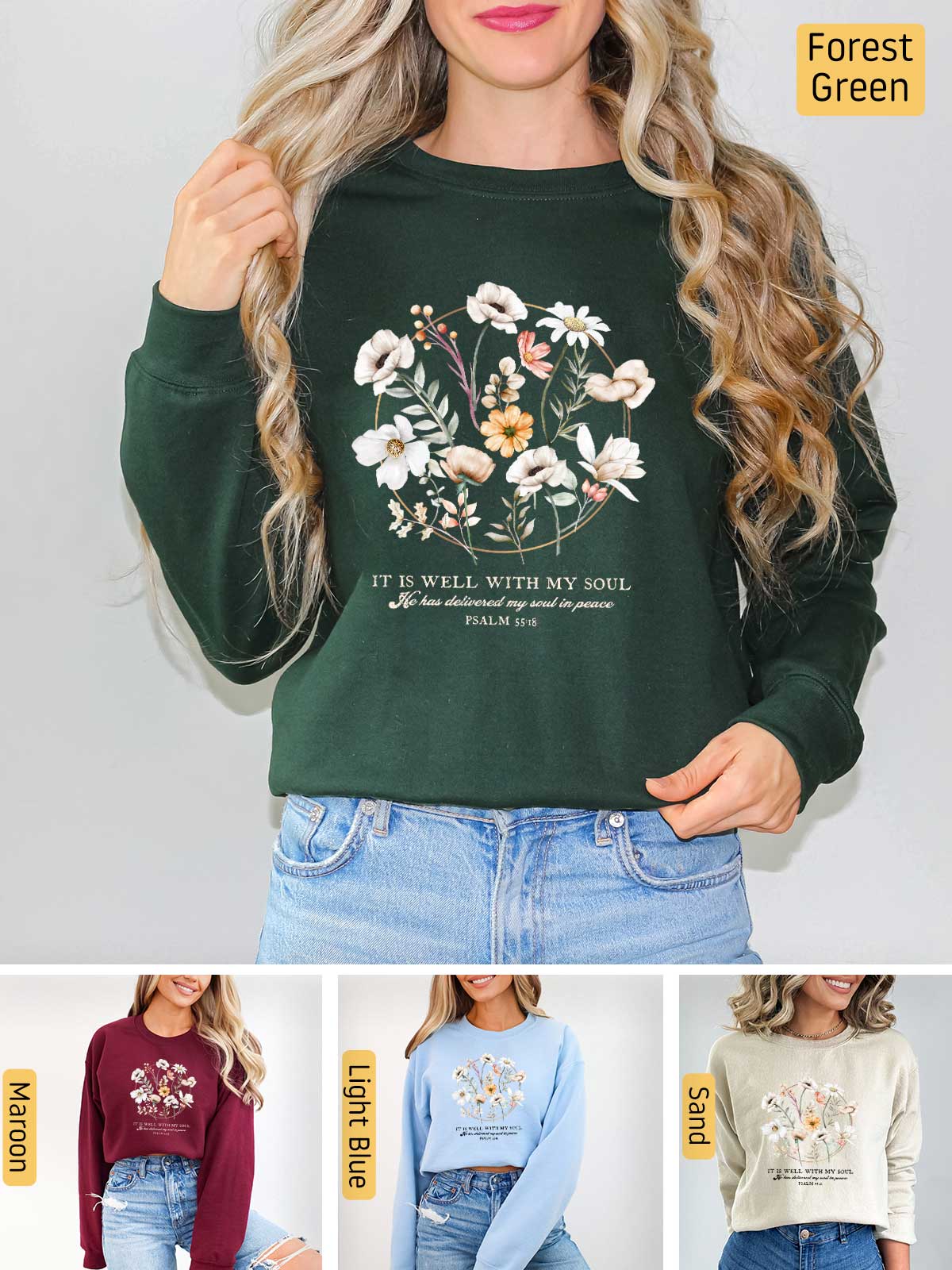 a woman wearing a sweatshirt with flowers on it