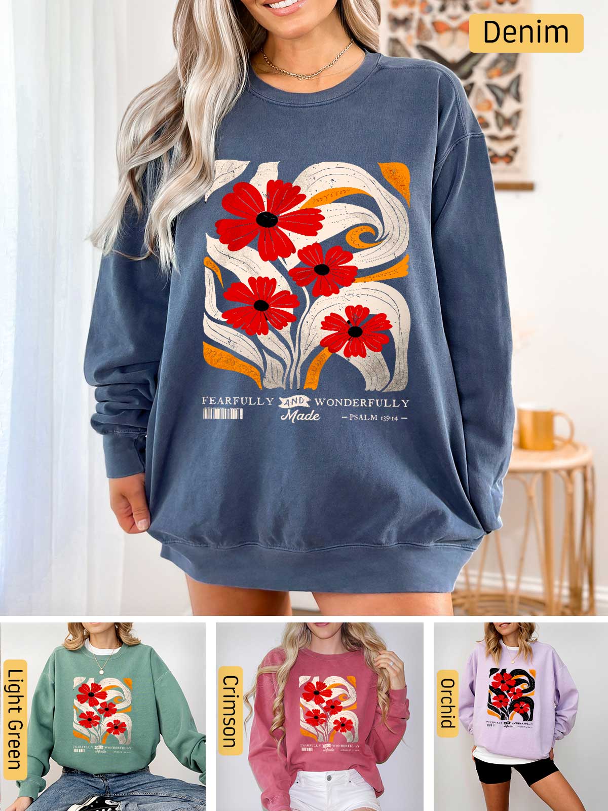 a woman wearing a sweatshirt with flowers on it