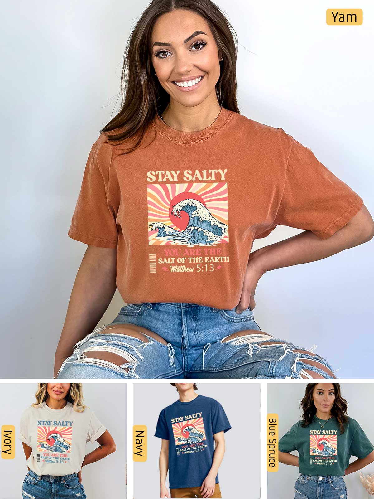 a collage of photos of a woman wearing a t - shirt that says stay