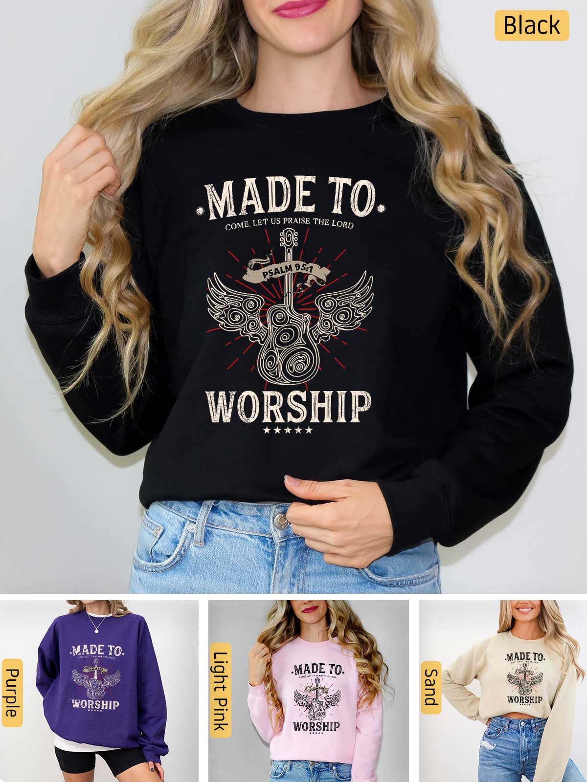 a woman wearing a sweatshirt that says made to worship