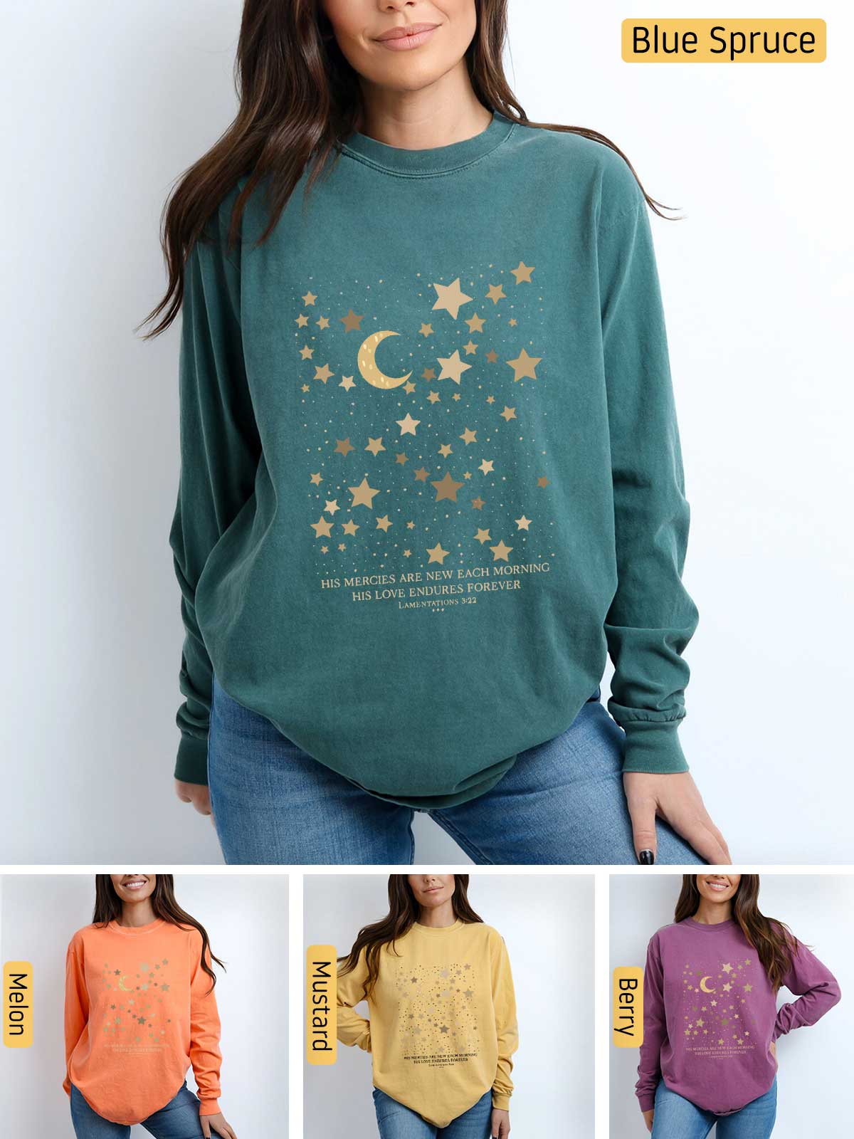 a woman wearing a sweatshirt with stars and a moon on it