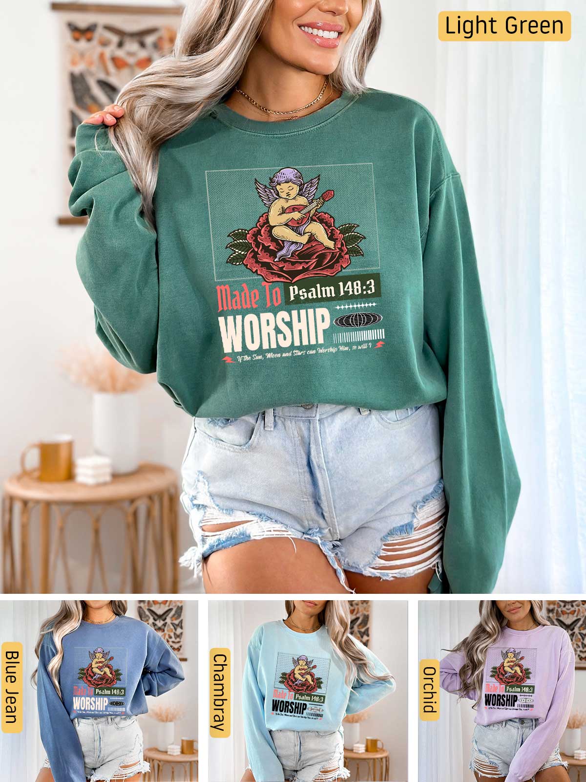 a collage of photos of a woman wearing a sweatshirt and shorts