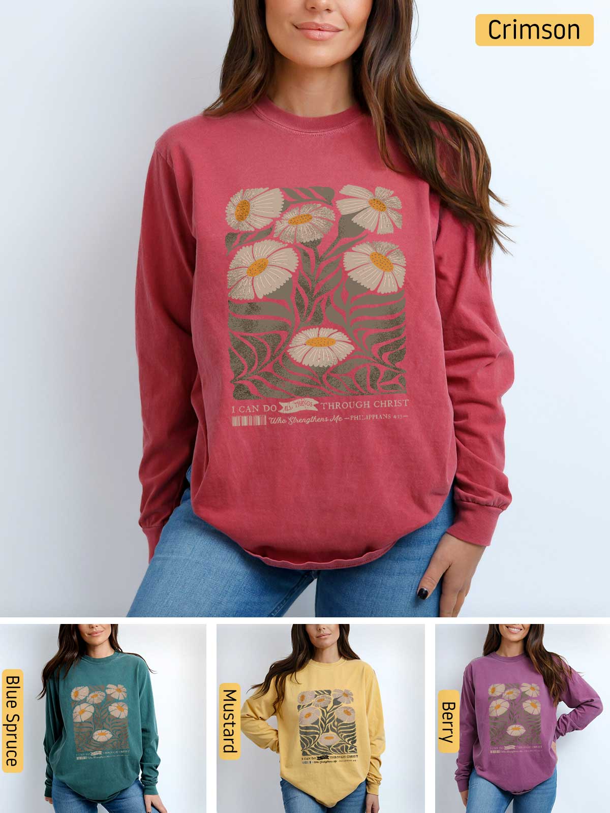 a woman wearing a sweatshirt with flowers on it