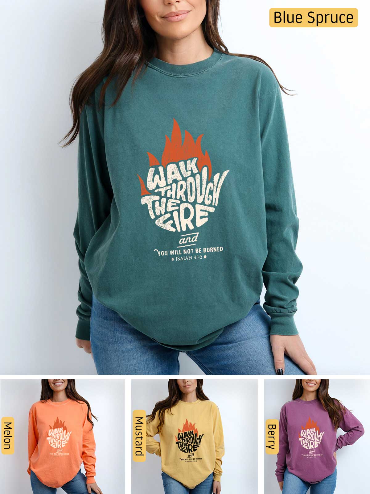 a woman wearing a sweatshirt with the words ask through fire on it