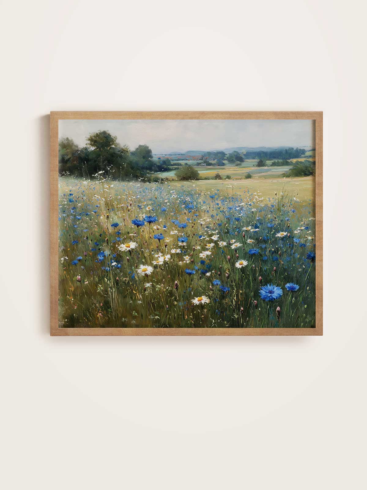 The image is a framed painting depicting a field of blue and white flowers, with a backdrop of trees and a blue sky.