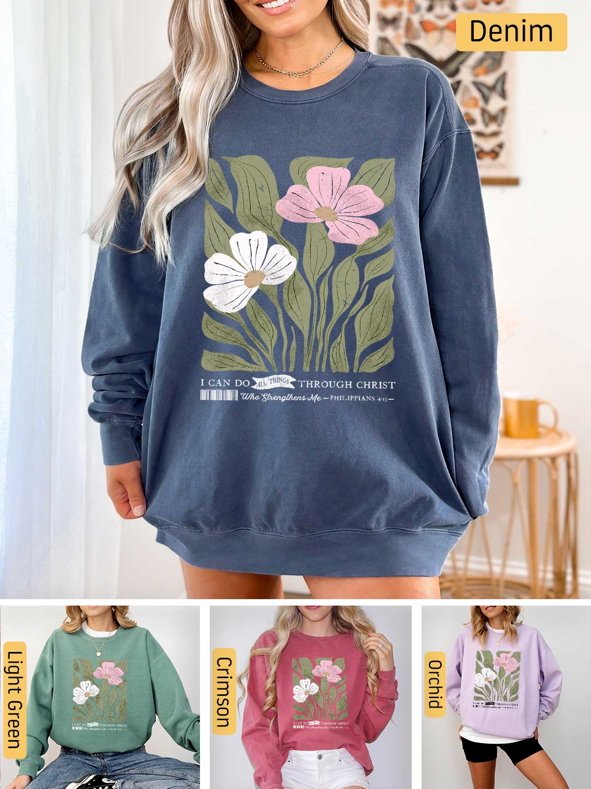 a woman wearing a sweatshirt with flowers on it