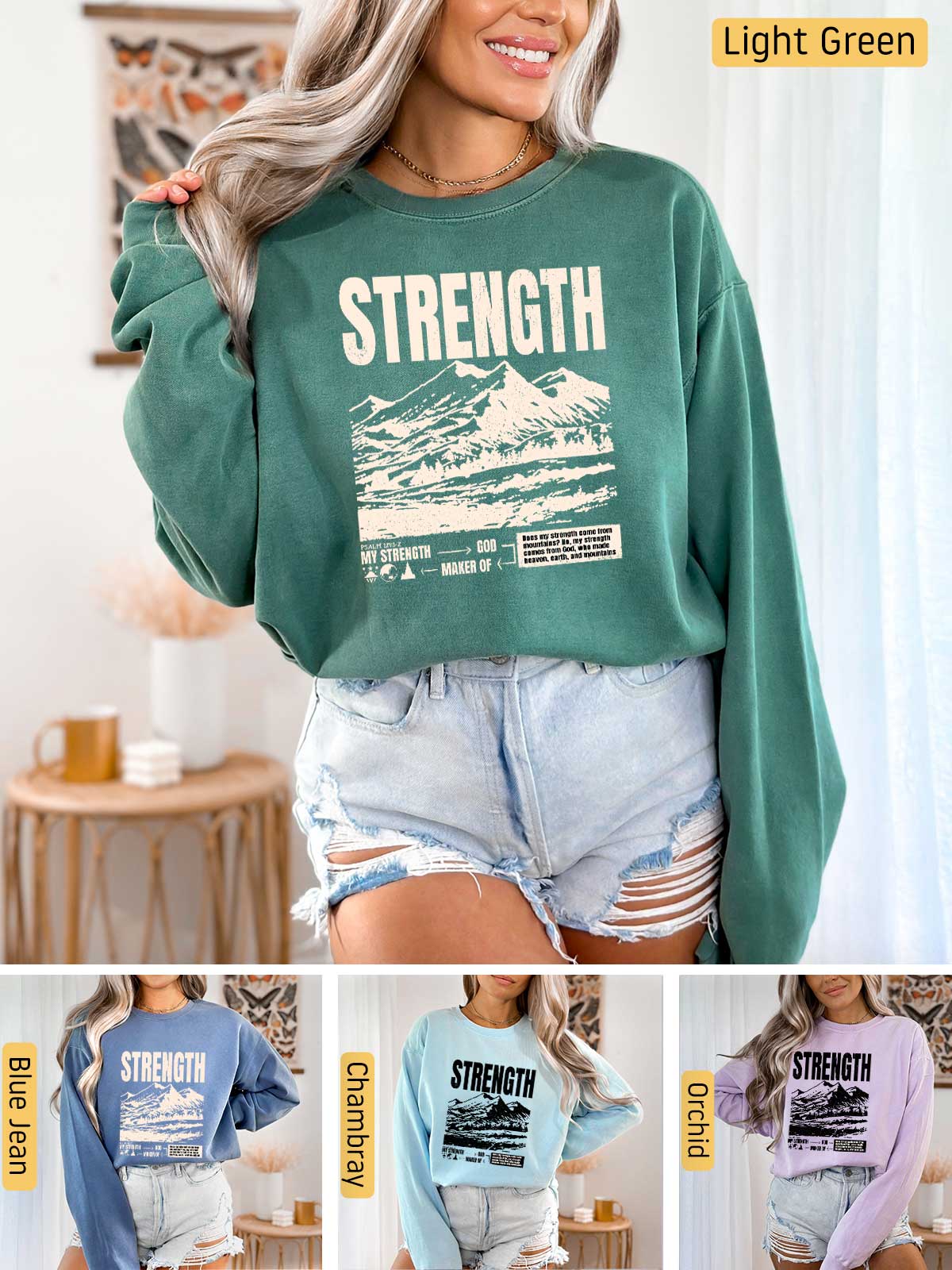 a woman wearing a green sweatshirt with the words strength on it