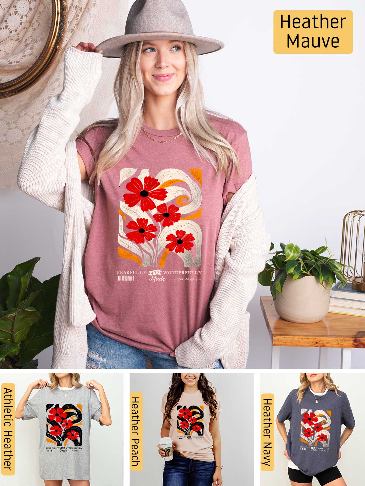 a woman wearing a t - shirt with flowers on it