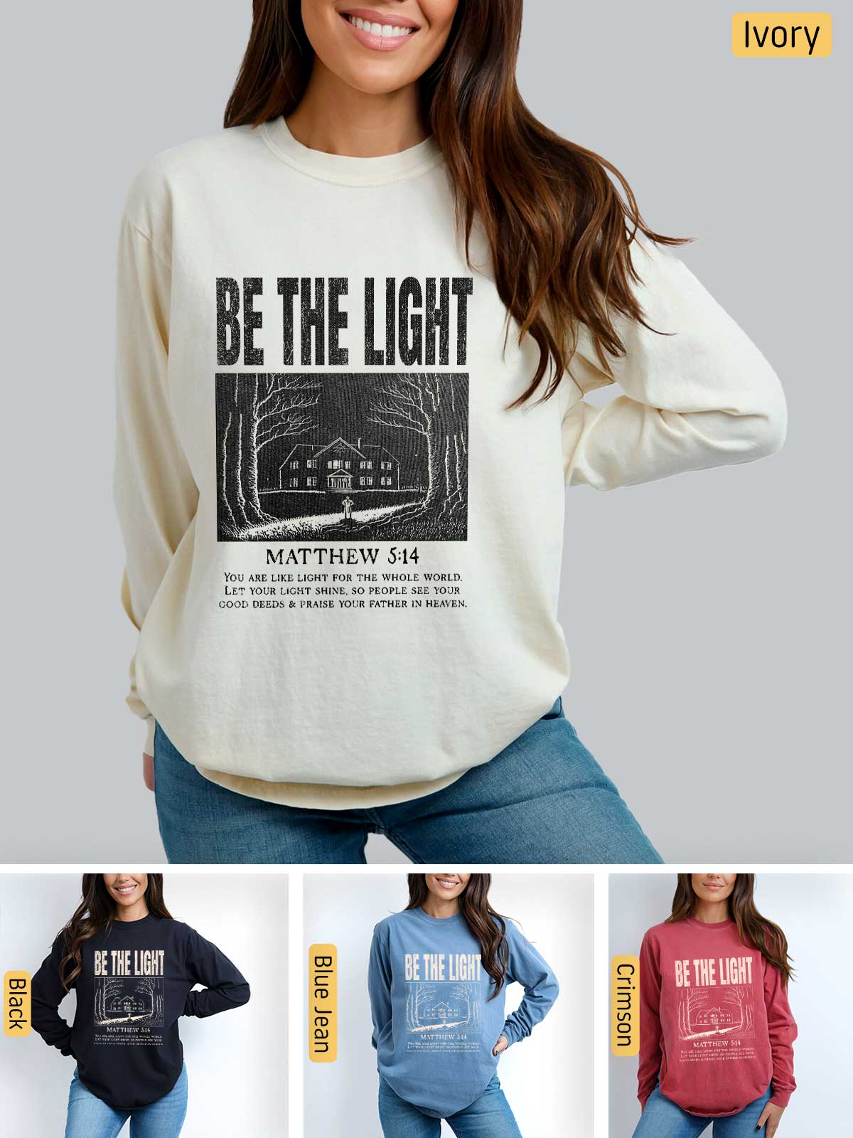 a woman wearing a sweatshirt that says be the light