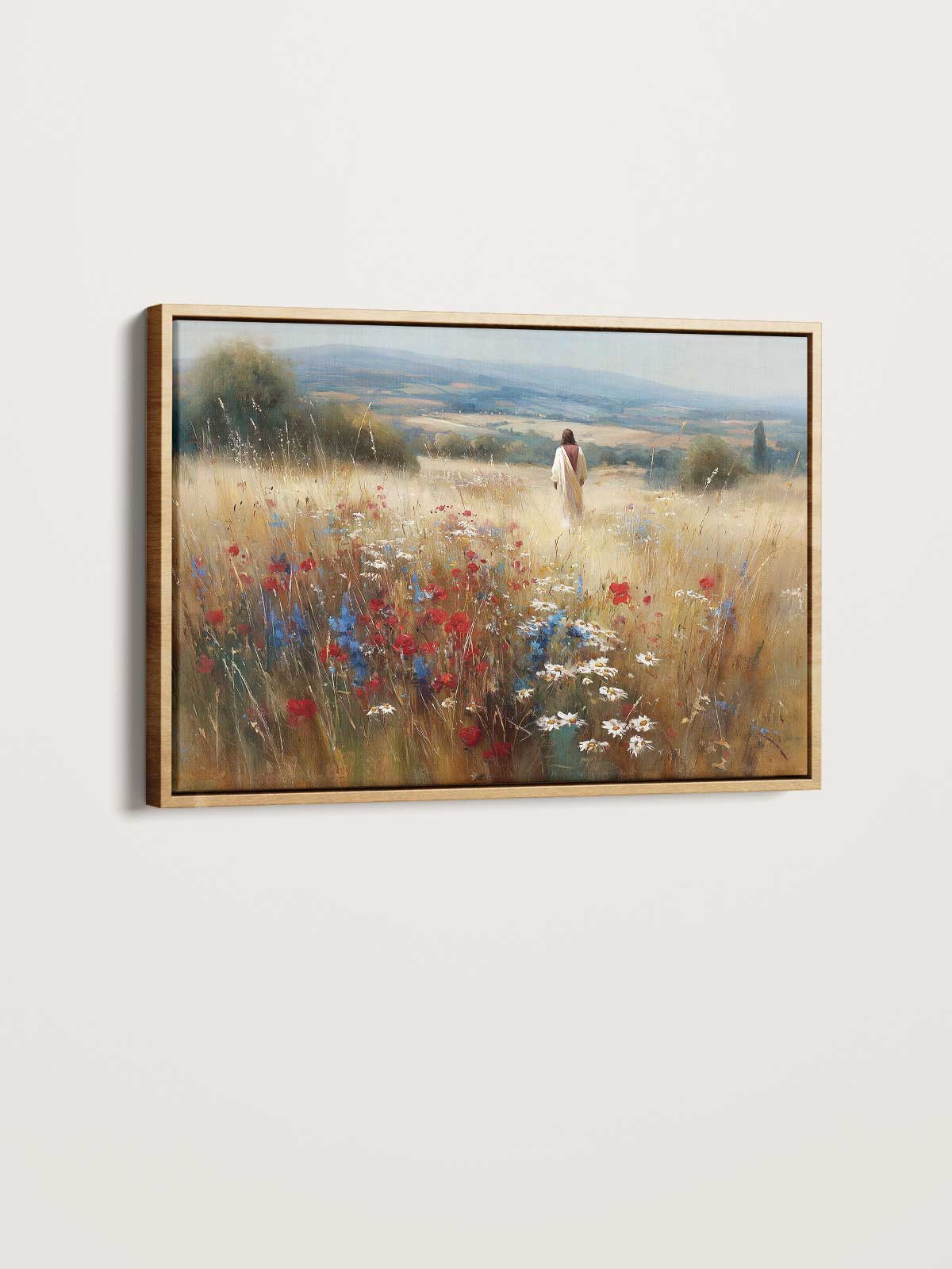 The image is a painting of a person walking through a field of flowers, with a serene landscape in the background.