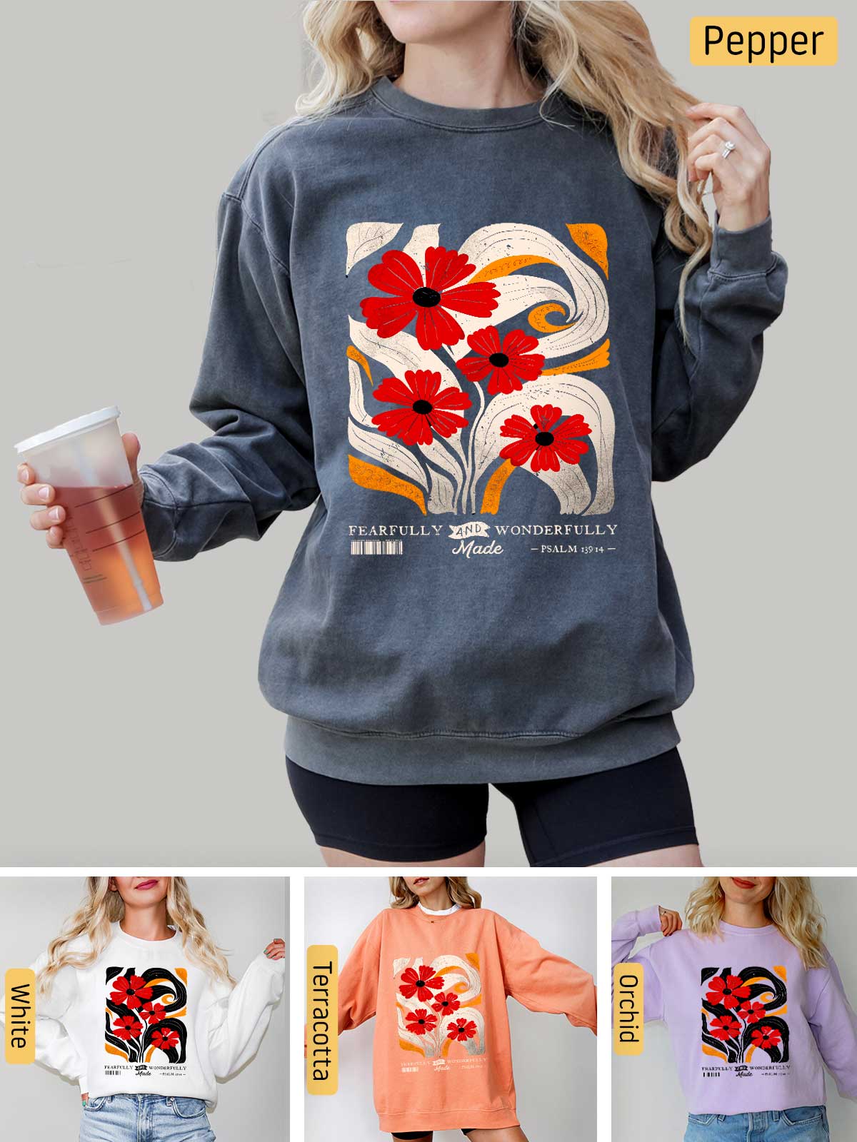 a woman wearing a sweatshirt with flowers on it