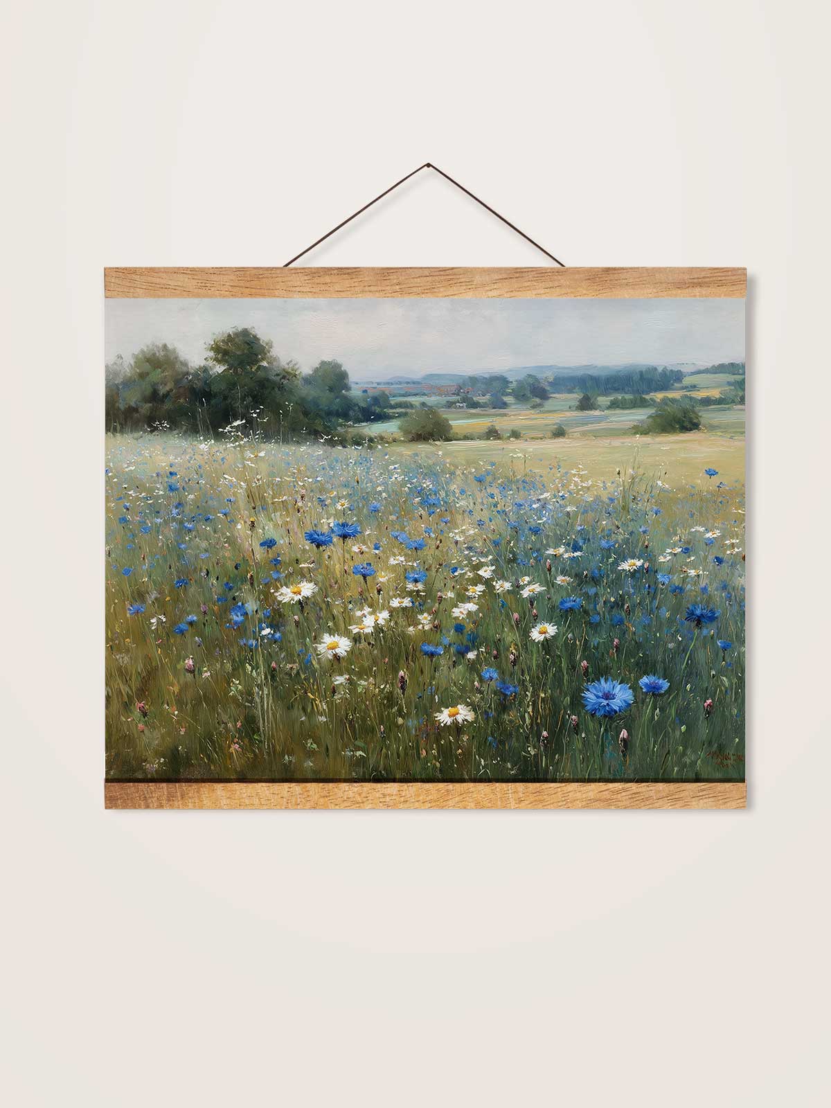 The image is a painting of a field filled with blue and white flowers, depicting a serene and picturesque landscape.