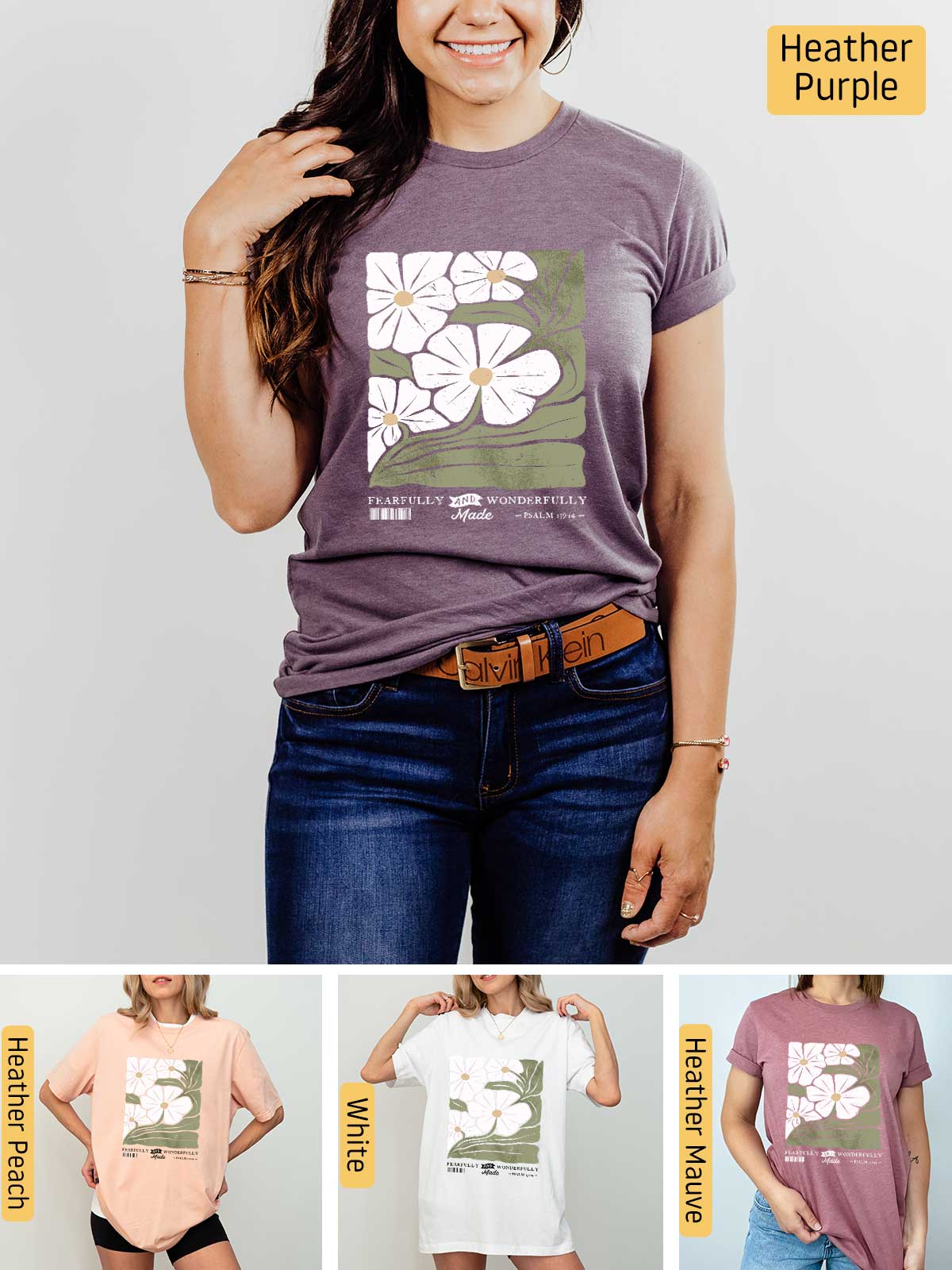 a woman wearing a t - shirt with flowers on it