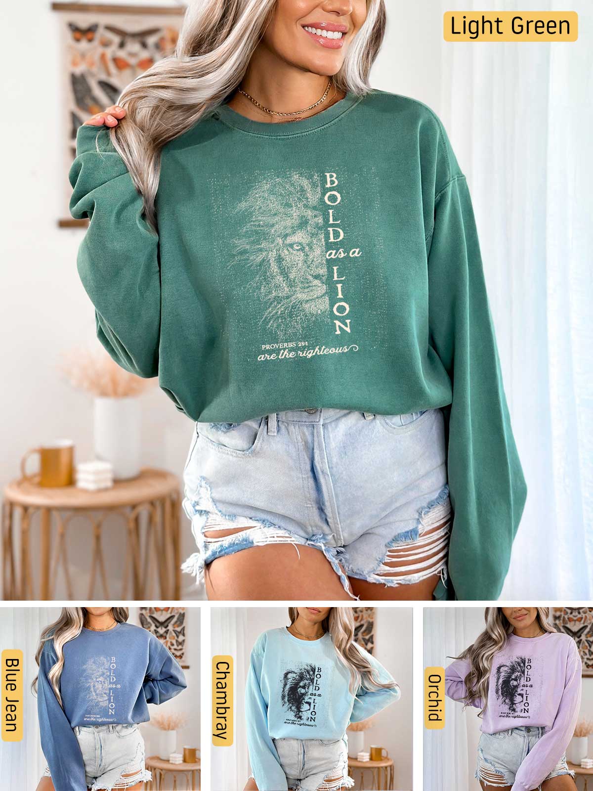 a woman wearing a green sweatshirt and denim shorts