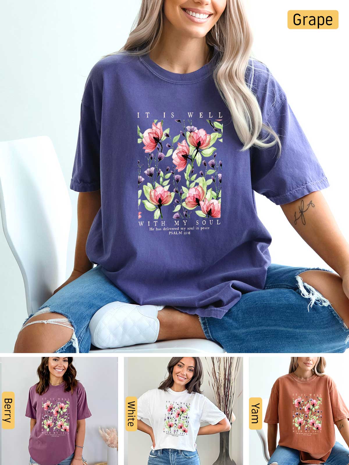 a woman wearing a t - shirt with flowers on it