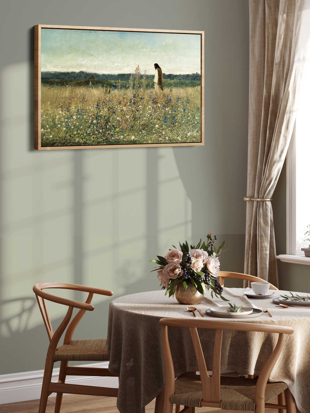 a serene dining scene with a table set for two, featuring a vase of flowers and a painting of a woman in a field. The painting is hung on the wall above the table, creating a harmonious and inviting atmosphere.