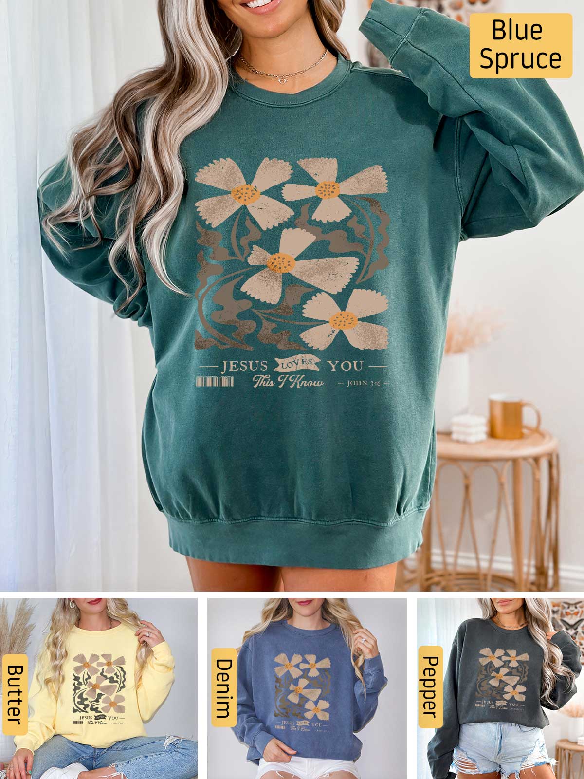 a woman wearing a sweatshirt with flowers on it