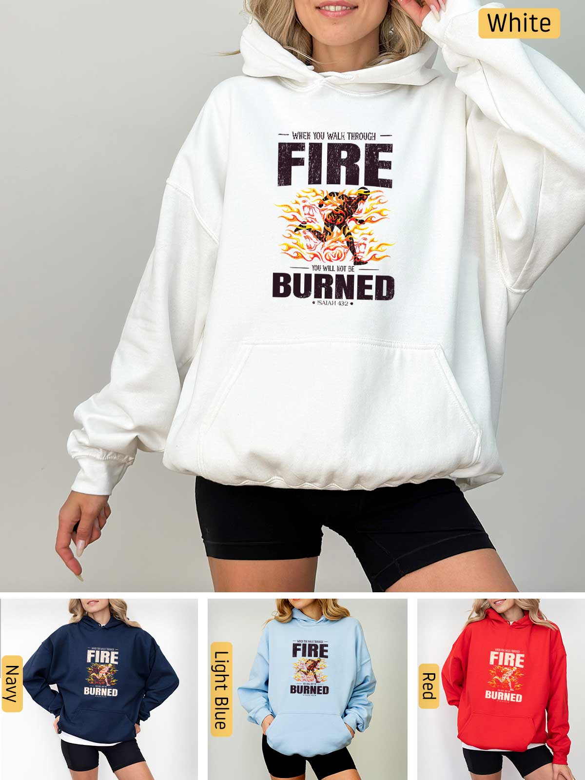 a woman wearing a fire and burned hoodie