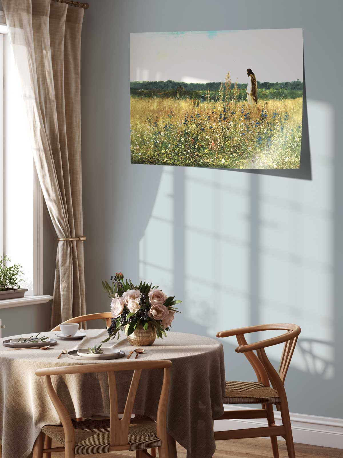 a serene dining scene with a table set for two, featuring a vase of flowers and a painting of a field of flowers hanging on the wall above it.