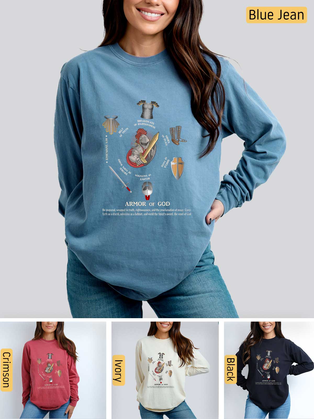 a woman wearing a blue jean sweatshirt with a cartoon character on it