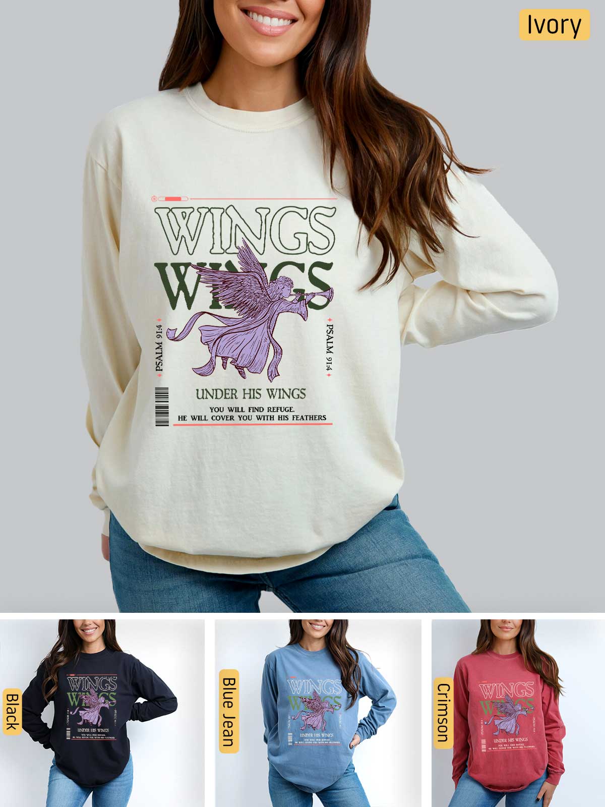 a woman wearing a sweatshirt with wings on it