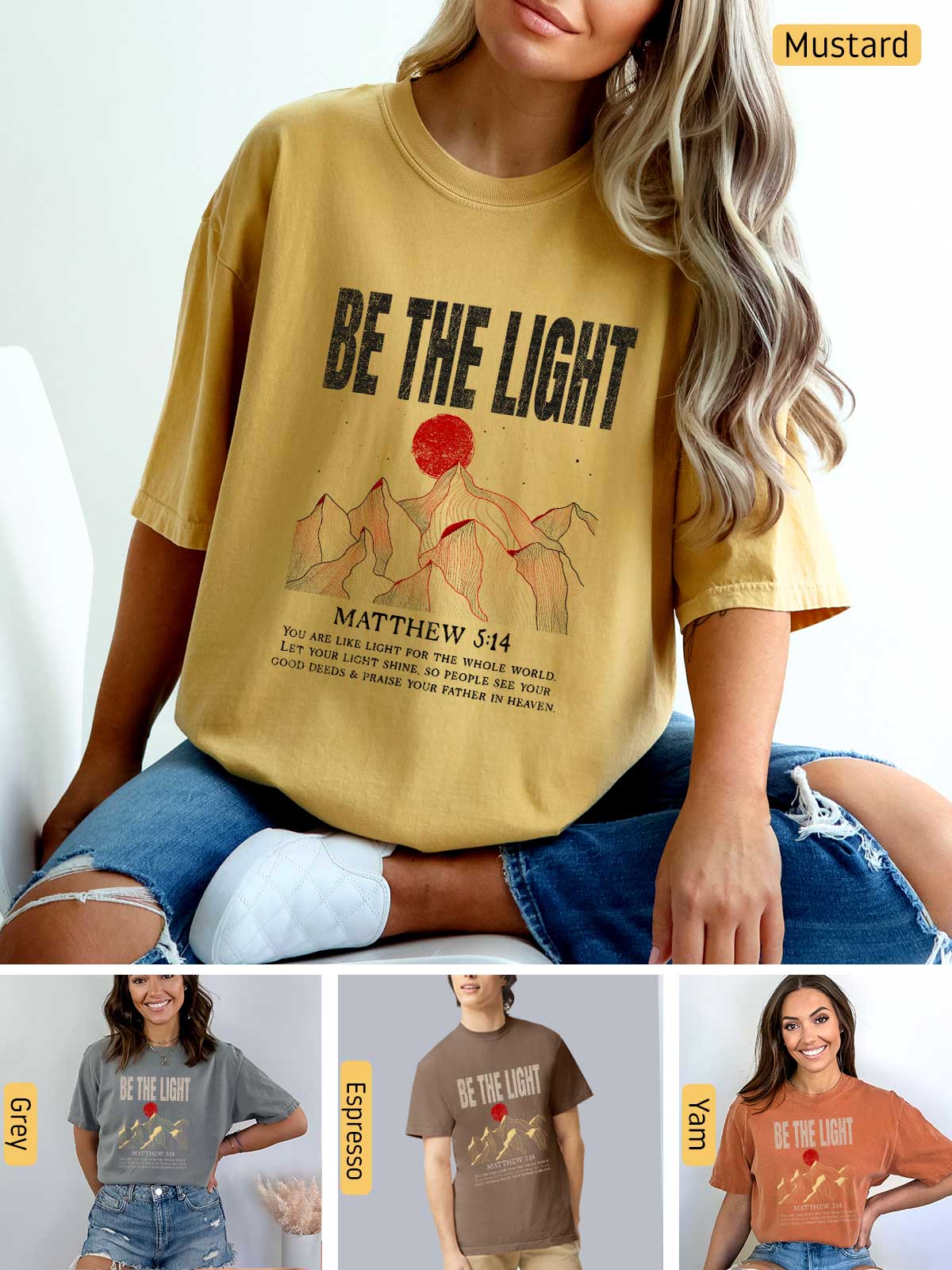 a woman wearing a t - shirt that says be the light