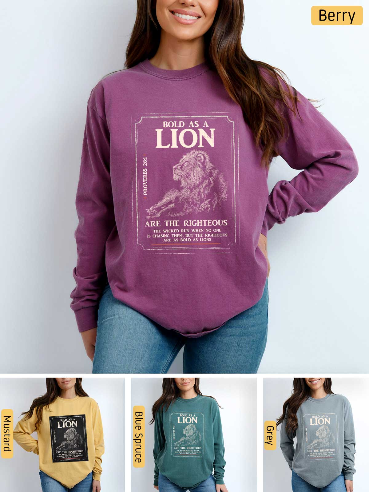 a woman wearing a lion sweatshirt and jeans