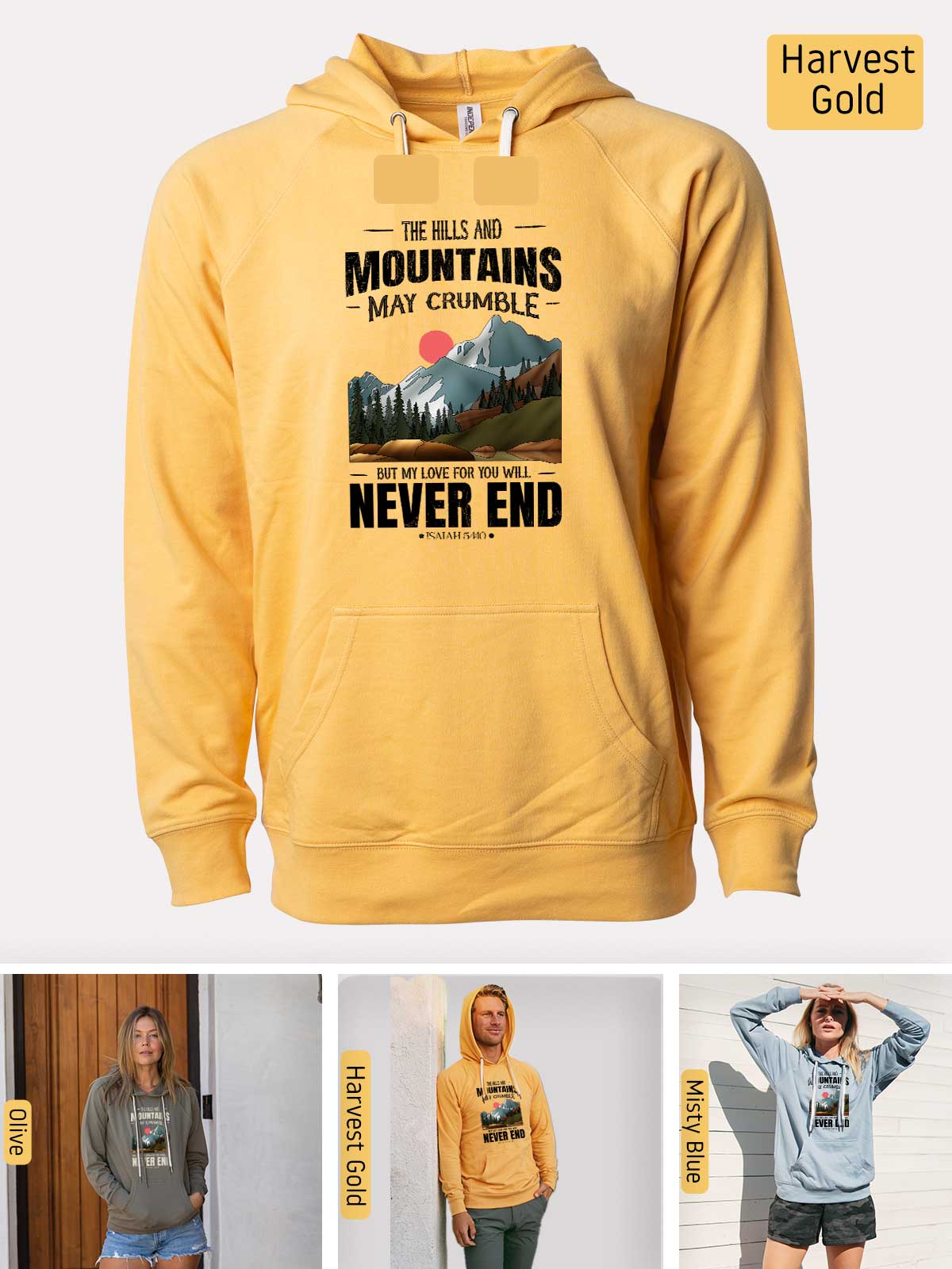 a woman wearing a yellow hoodie with a picture of mountains on it