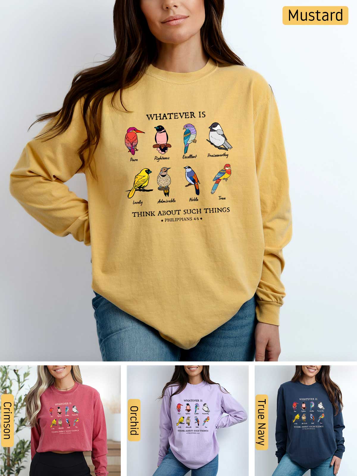 a woman wearing a sweatshirt with birds on it