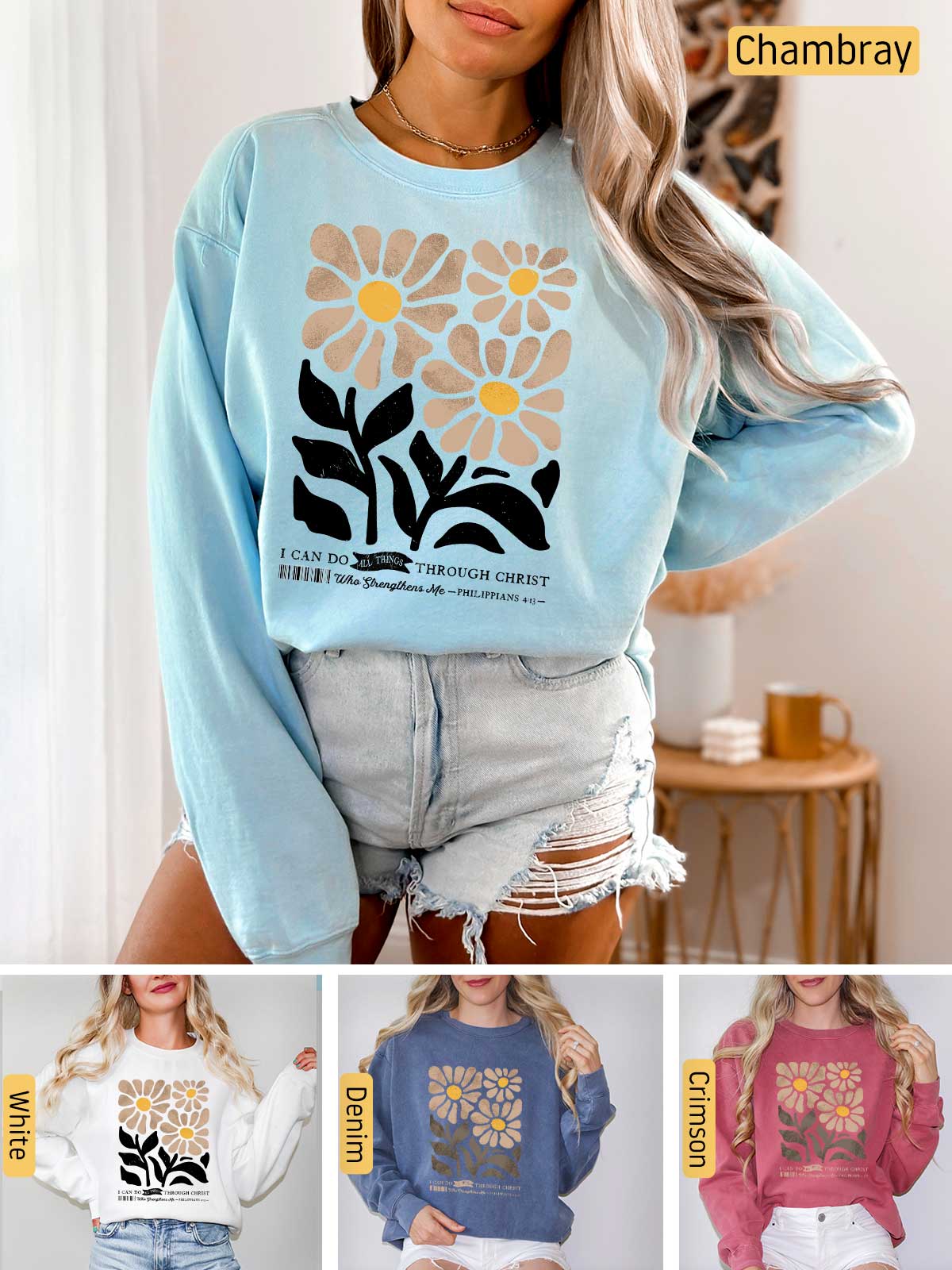 a woman wearing a sweatshirt with flowers on it