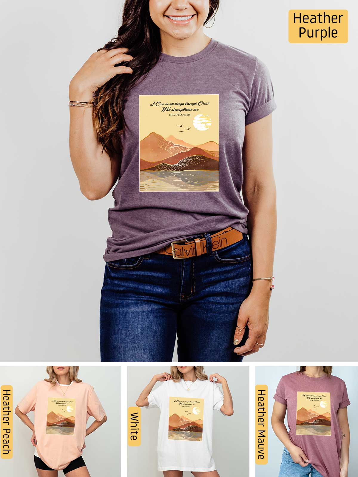 a woman wearing a t - shirt with a picture of mountains on it