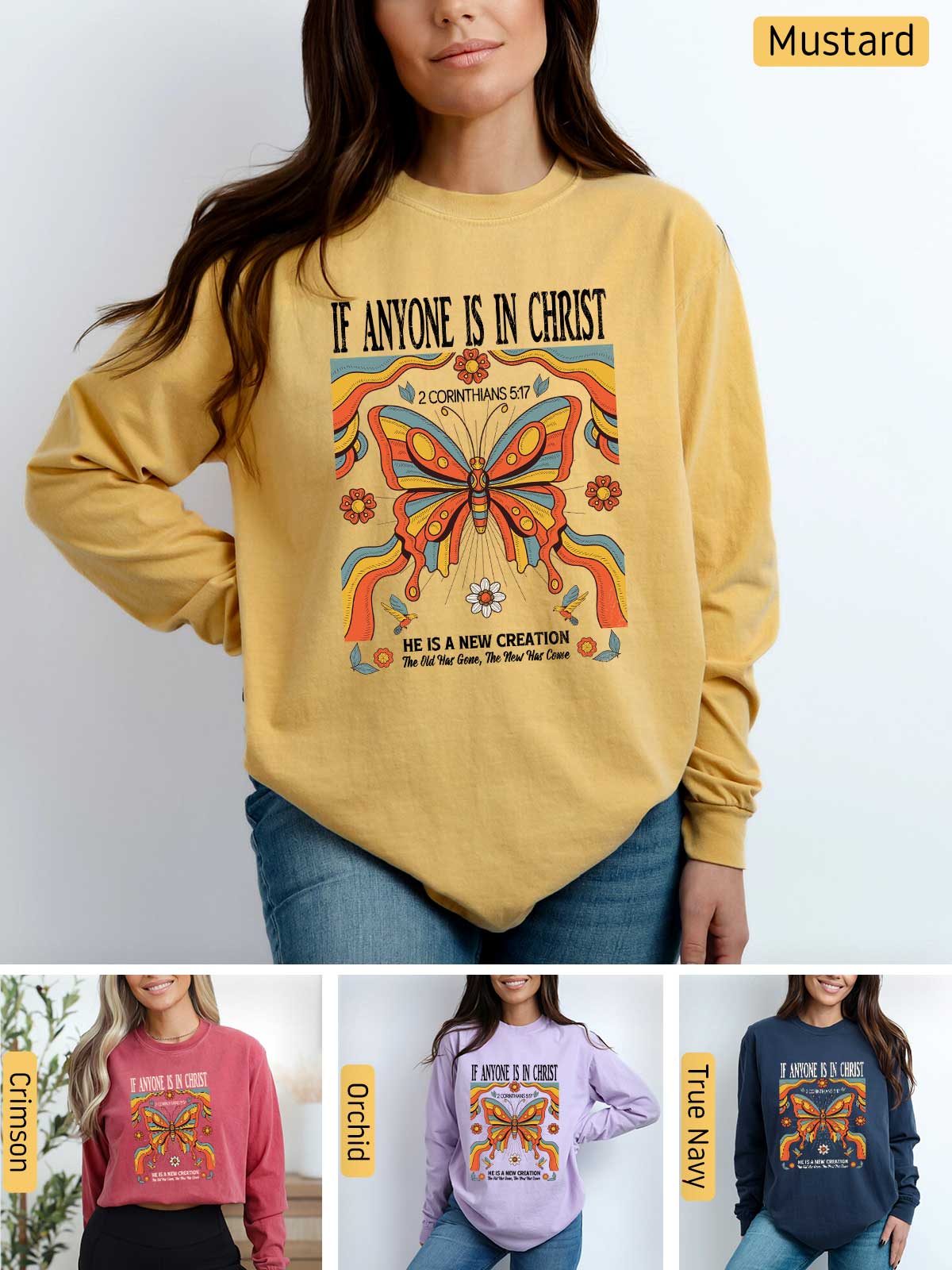 a woman wearing a sweatshirt with the words if anyone is in christ on it