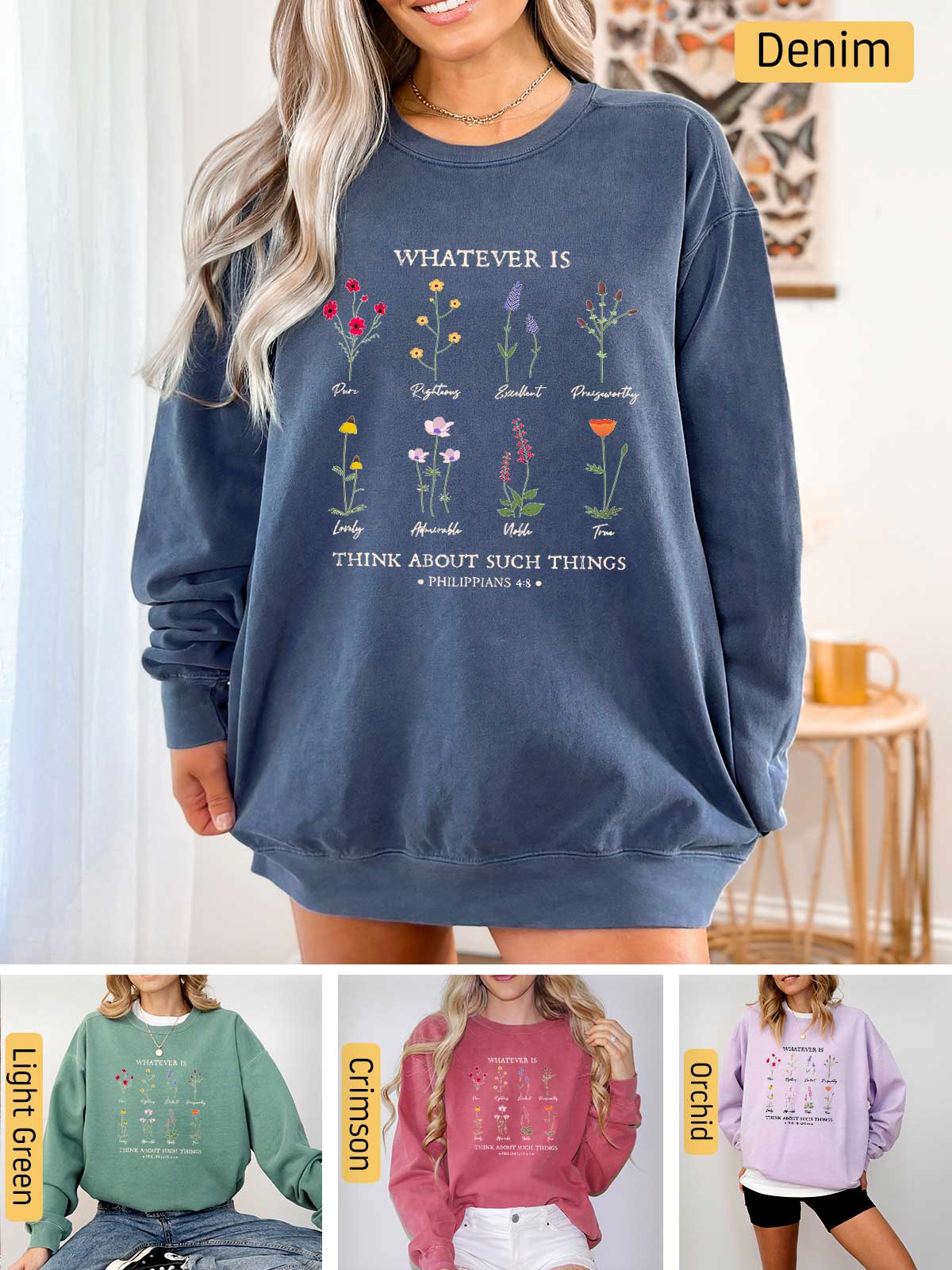 a woman wearing a sweatshirt with flowers on it