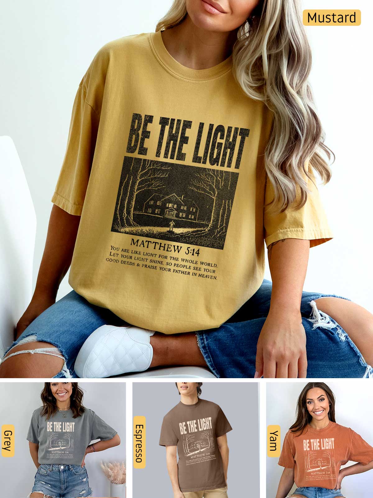 a woman wearing a t - shirt that says be the light