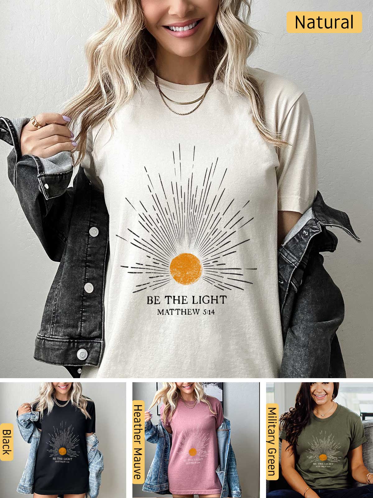 a woman wearing a t - shirt that says be the light