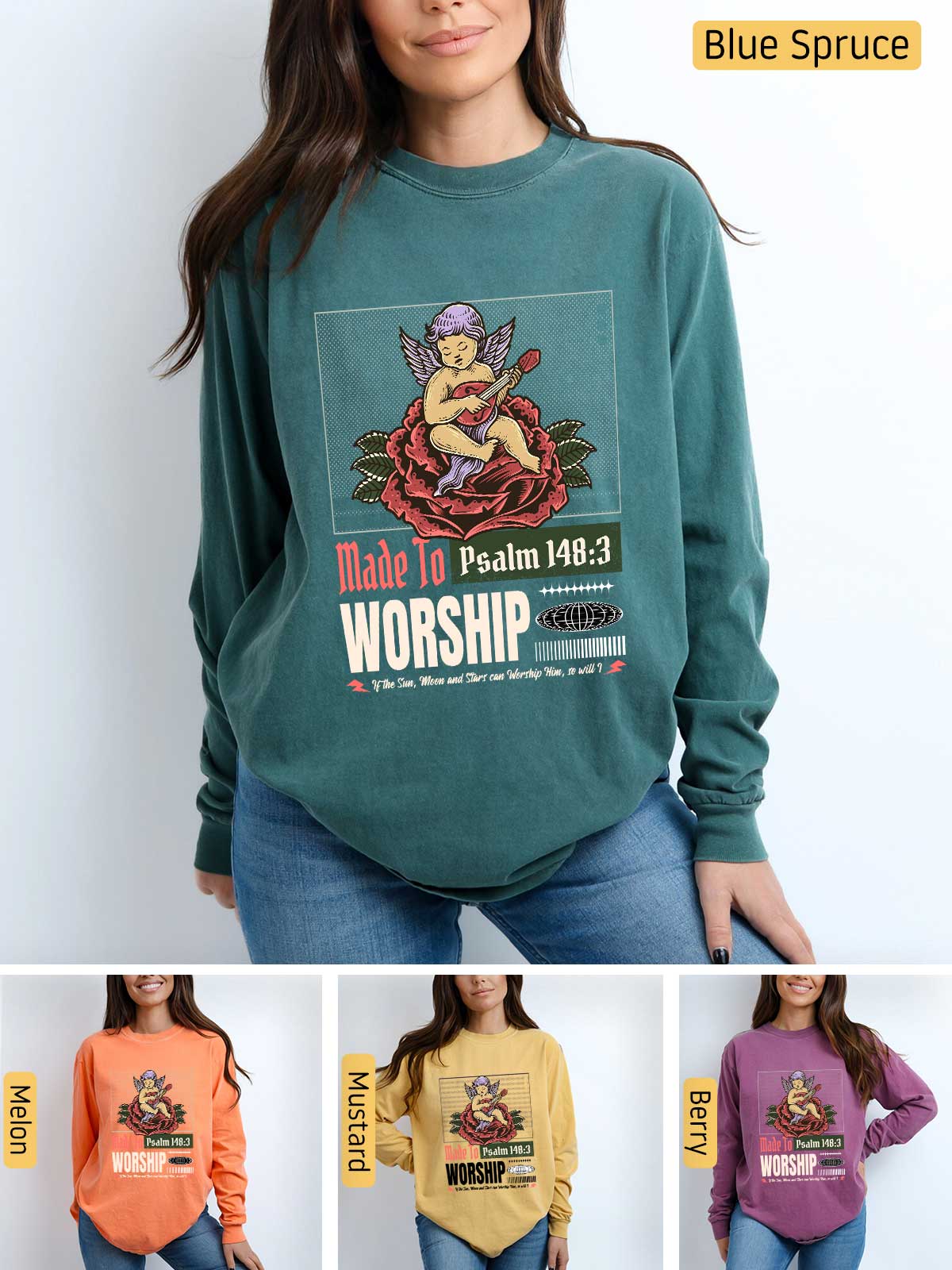 a woman wearing a sweatshirt with the words made in worship on it