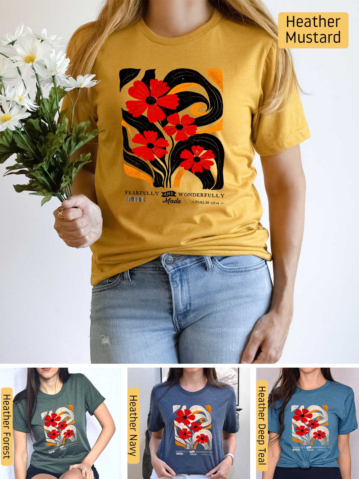 a woman wearing a t - shirt with flowers on it