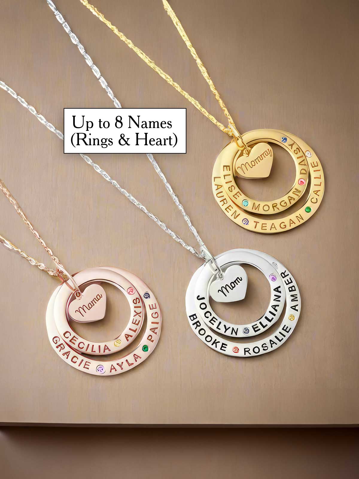 three different necklaces with names on them