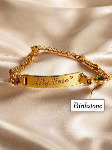 Classic Curb Chain Name 6.5mm Bar Bracelet with Birthstone – For Baptism, Graduation & Special Events