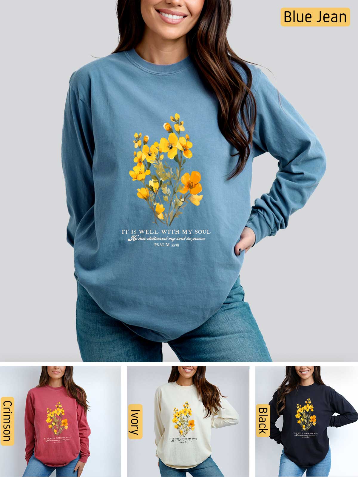 a woman wearing a blue jean sweatshirt with yellow flowers on it