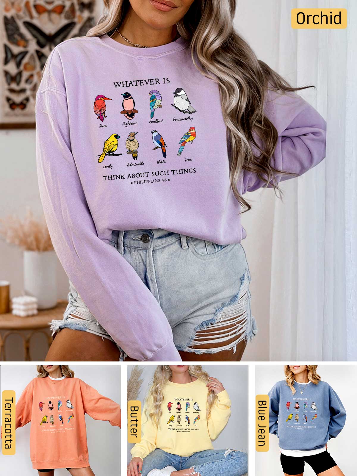 a woman wearing a purple sweater with birds on it