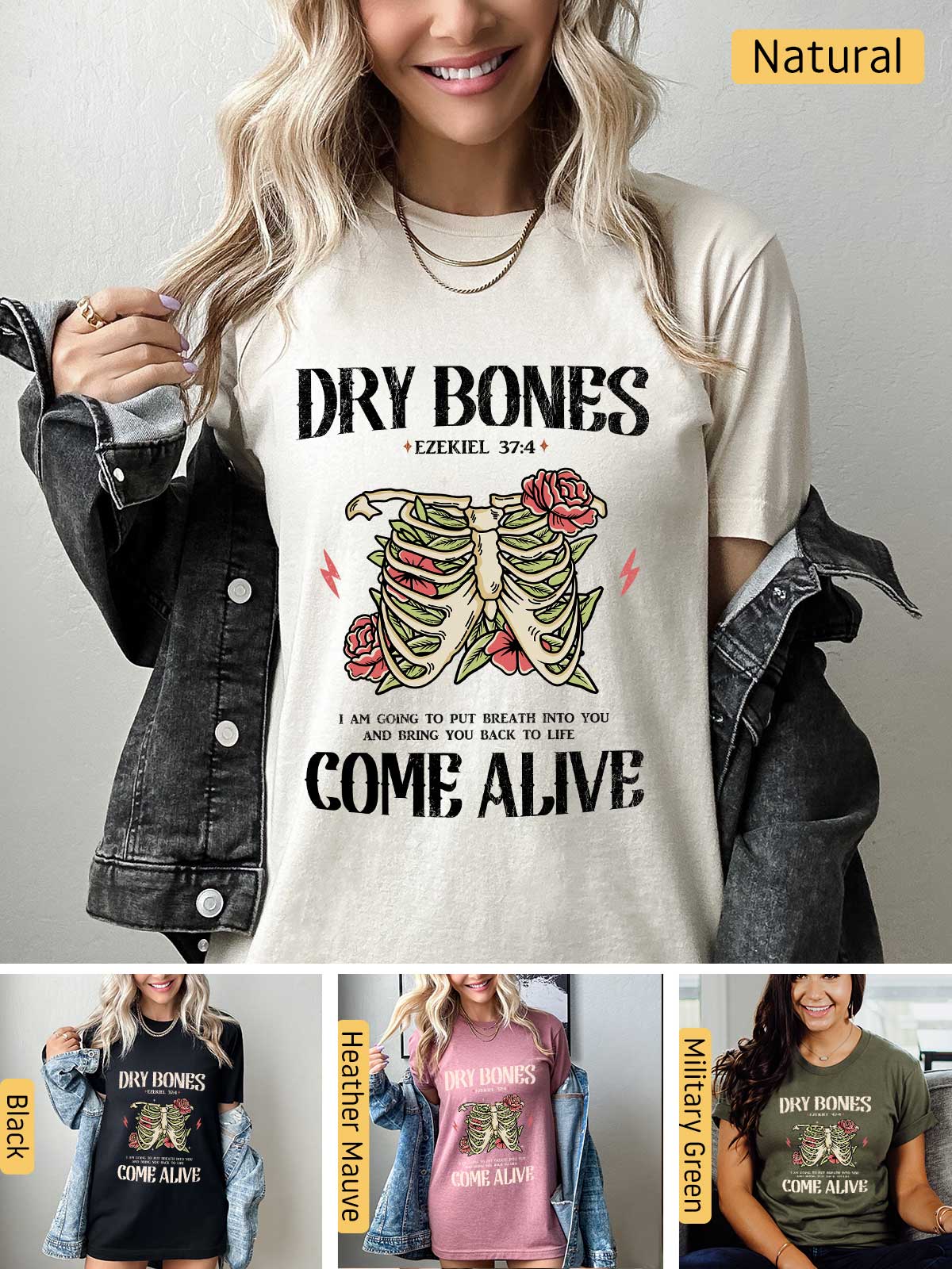 a woman wearing a t - shirt that says dry bones come alive