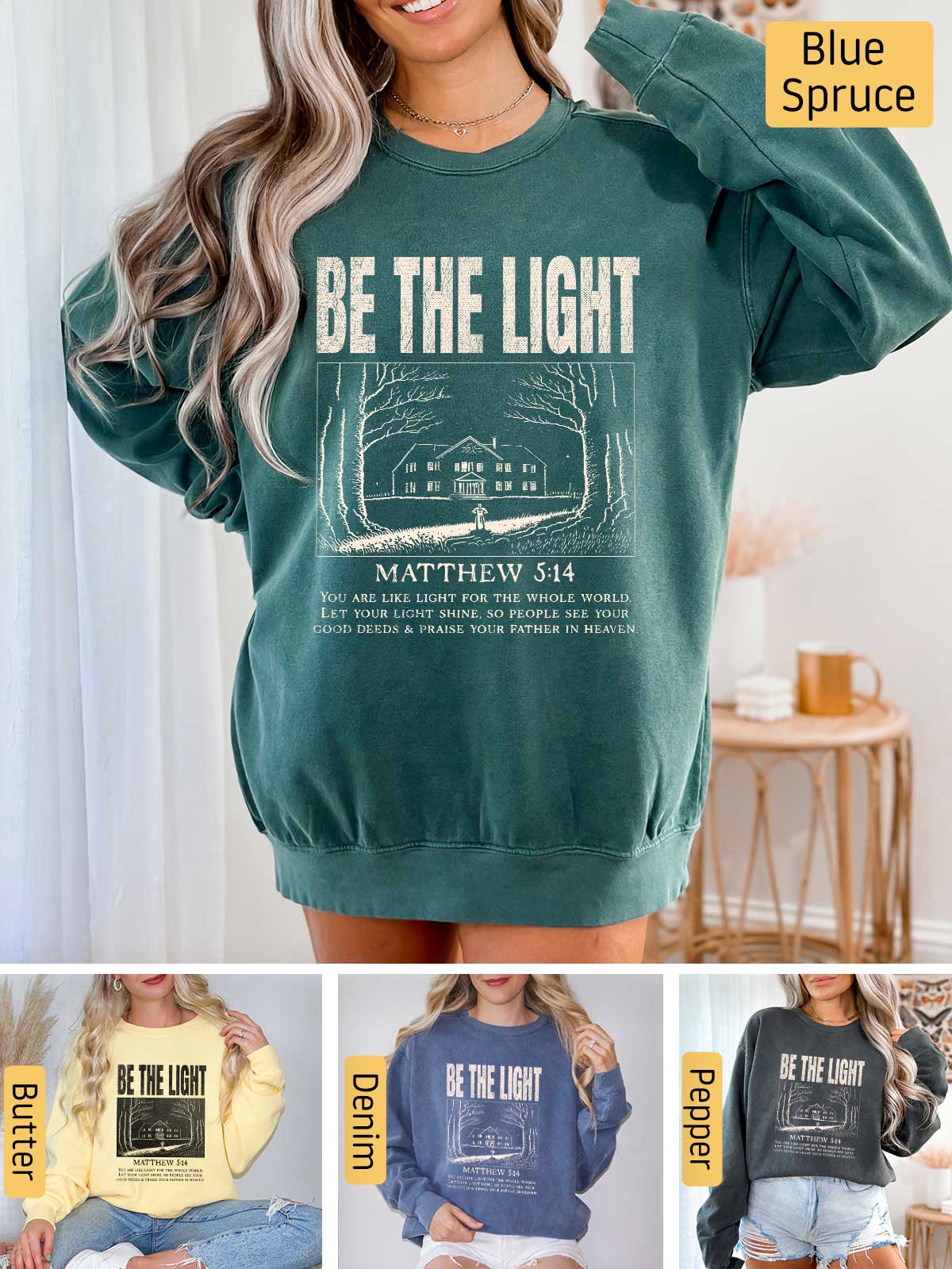 a woman wearing a sweatshirt that says be the light